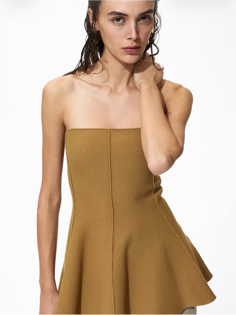 H&M Strapless Flared Knit Top in Camel Brown
